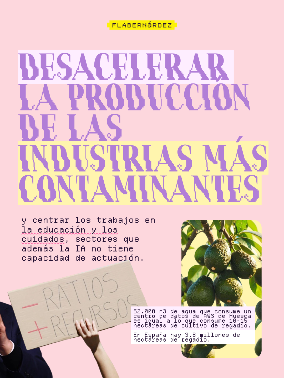 La última idea que planteo del ensayo escrita sobre fondo rosa pastel. Titular en grandes letras lila pixeladas con fondos amarillo y lila claro: "Desacelerar la producción de las industrias más contaminantes". Debajo, en tipografía de máquina de escribir: "y centrar los trabajos en la educación y los cuidados, sectores que además la IA no tiene capacidad de actuación". En la parte inferior izquierda, la fotografía de una persona sosteniendo un cartel de cartón escrito a mano con el lema "− RATIOS + RECURSOS". A la derecha, una fotografía de aguacates colgando de un árbol acompañada de un dato: "62.000 m3 de agua que consume un centro de datos de AWS de Huesca es igual a lo que consume 10-15 hectáreas de cultivo de regadío. En España hay 3,8 millones de hectáreas de regadío".